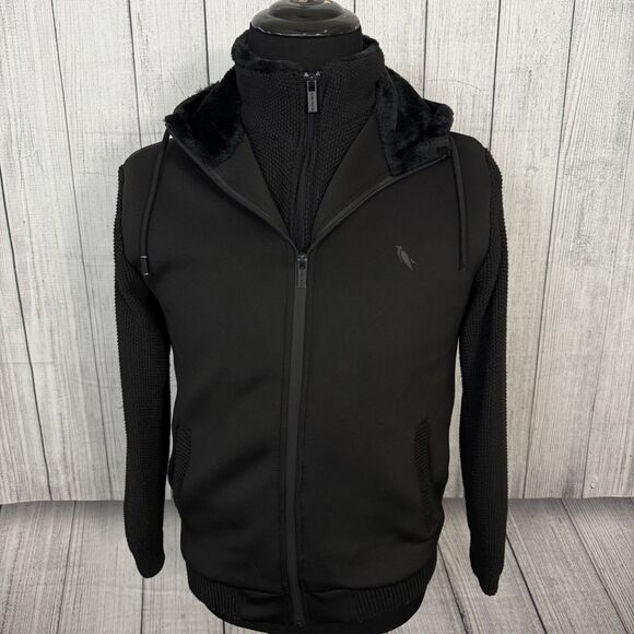 Stone Falcon Men’s Small Black Faux Fur Full Zip Heavyweight Hooded Jacket- Flaw - Picture 1 of 9